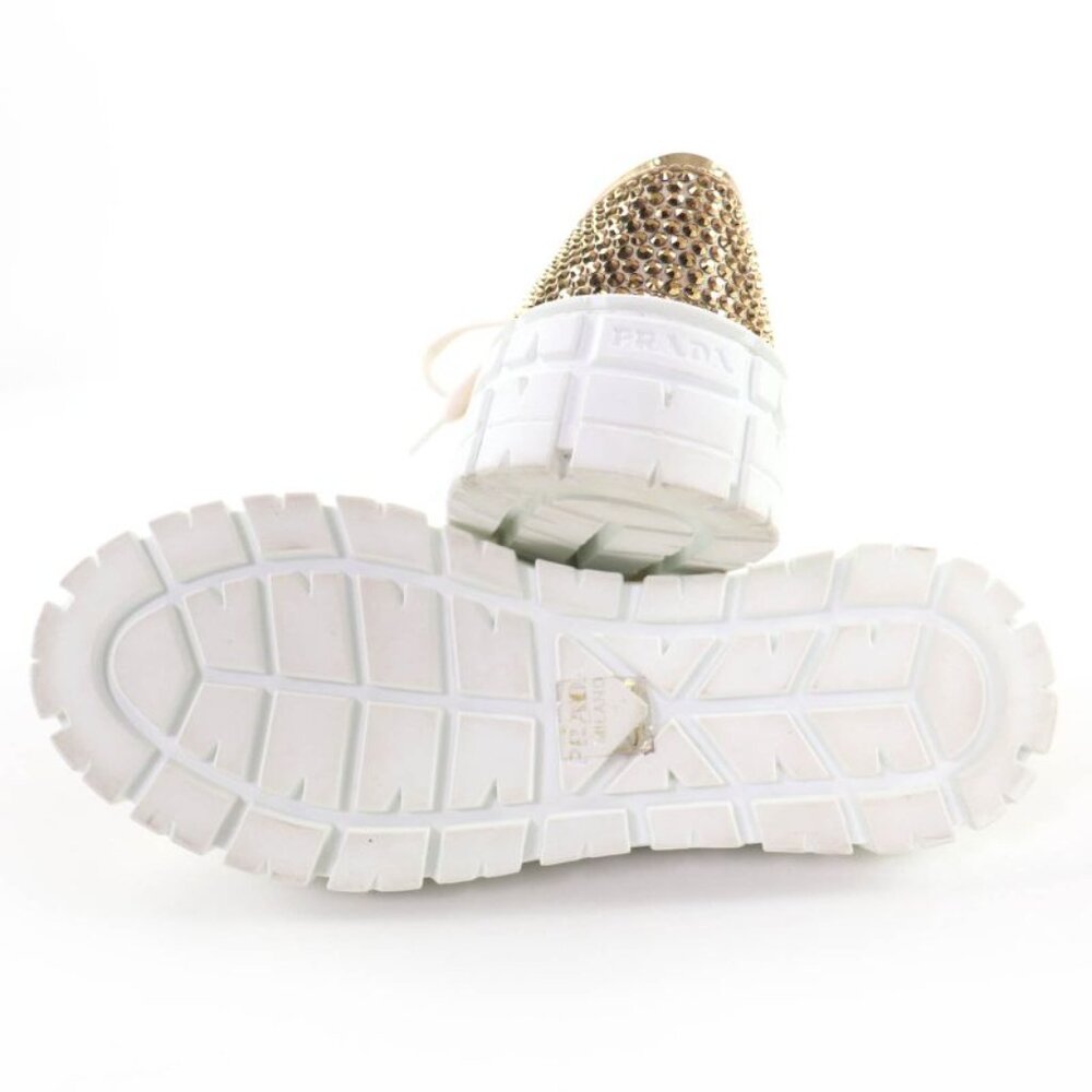 Prada Double Wheel Triangle Logo with Rhinestone Leather Low Cut Sneakers Gold - Picture 7 of 11